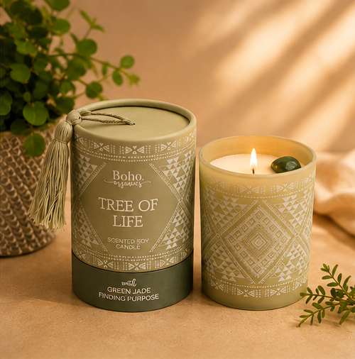 Tree of Life Soy Candle with Green Jade, Boho Organics