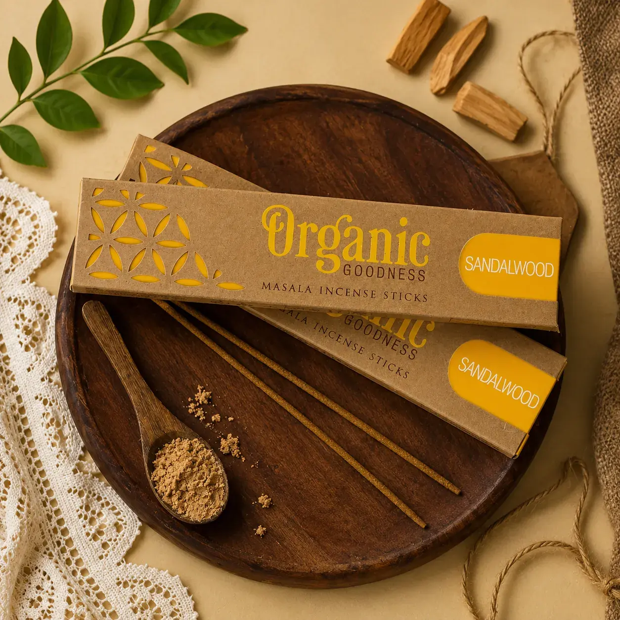 Sandalwood incense sticks in Organic Goodness packaging