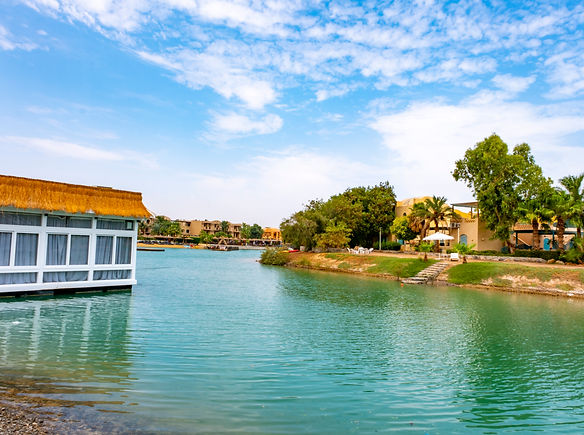 lagoon and restaurant in downtown el gouna with blue sky