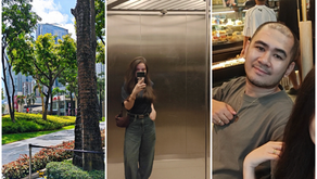 City park with skyscrapers, a woman taking a selfie in an elevator, and a man smiling in front of a pastry display.