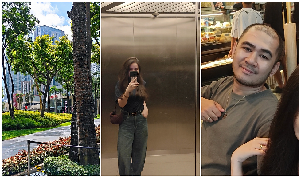 City park with skyscrapers, a woman taking a selfie in an elevator, and a man smiling in front of a pastry display.