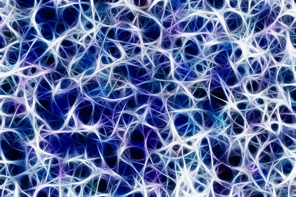 Abstract pattern of intertwined white and blue fibers creating a web-like texture. The deep blue background adds depth and contrast.