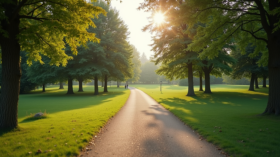 Wide angle view of a peaceful park with a walking path