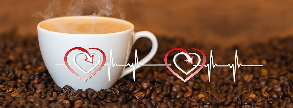 A steaming white coffee cup sits on a bed of coffee beans, with a graphic overlay of a heartbeat (ECG) line connecting two heart symbols, suggesting coffee's impact on vitality.