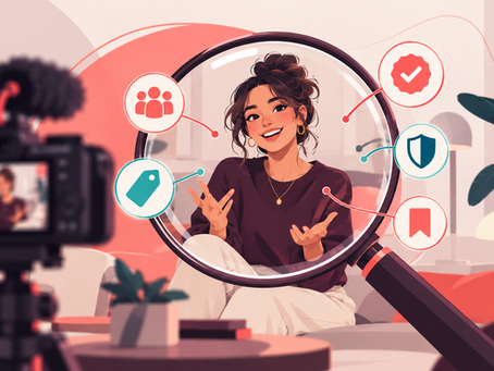 Editorial illustration showing a decision lens revealing audience fit, pricing context and brand-safety considerations behind a YouTube creator partnership.