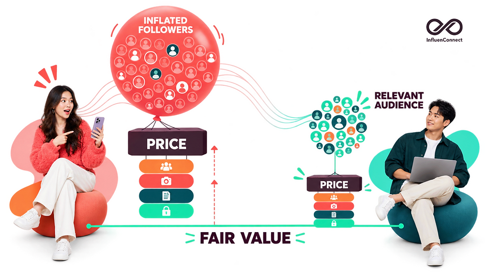 An inflated follower count pushes a creator’s price above fair value, while a smaller relevant audience supports a more proportionate creator price
