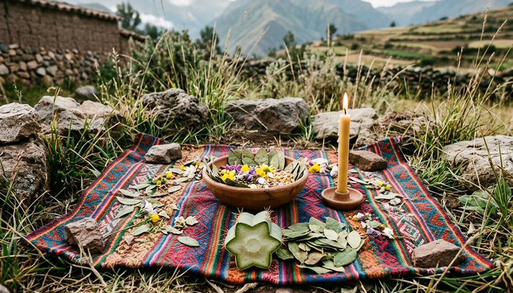 Eye-level view of ceremonial items placed on a woven cloth outdoors