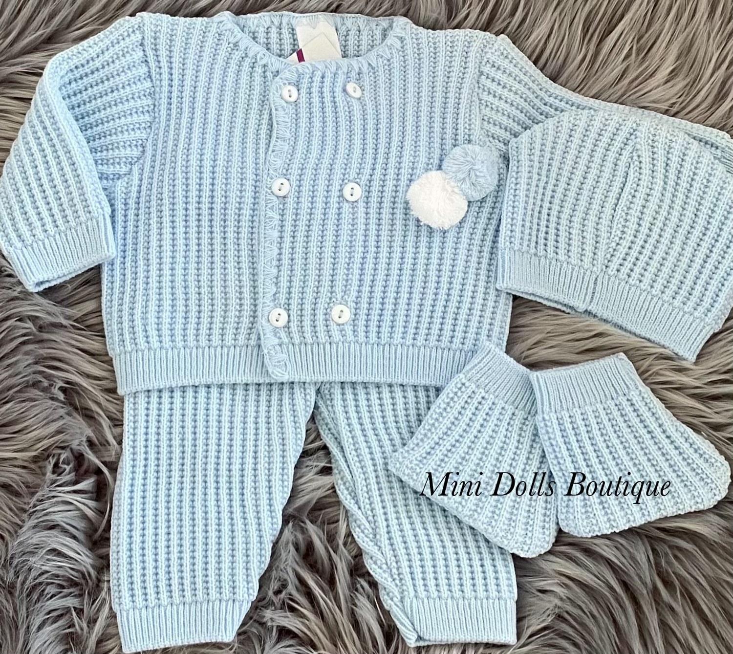 Blue Pom Pom Knitted 4 Piece 