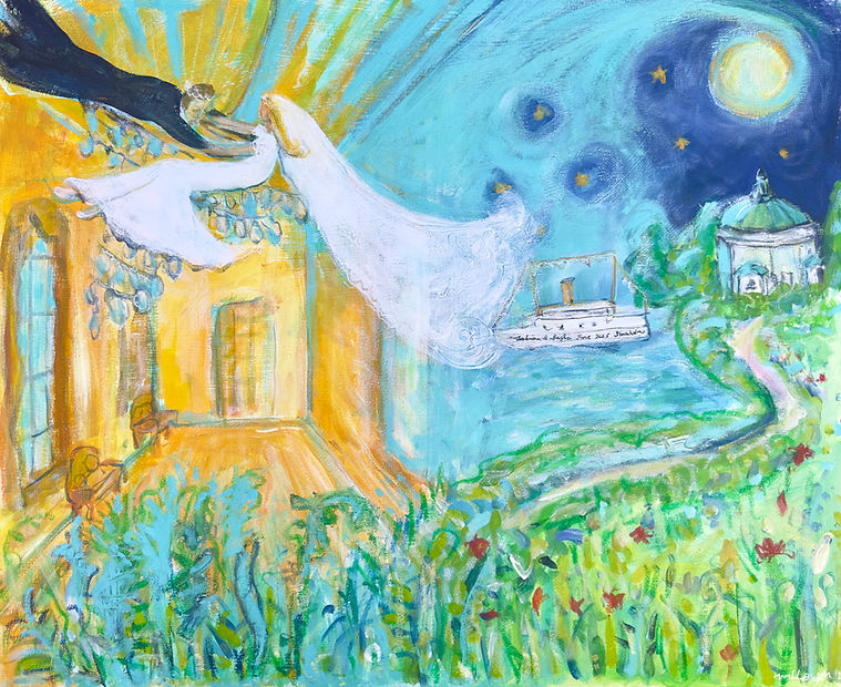 Whimsical hand-painted oil painting of a bride beneath a full moon — original wedding artwork by British artist Willow Murphy