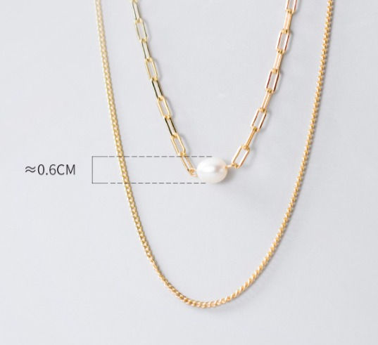 Thumbnail: Double Chain 925 Silver Pearl Dainty Necklace