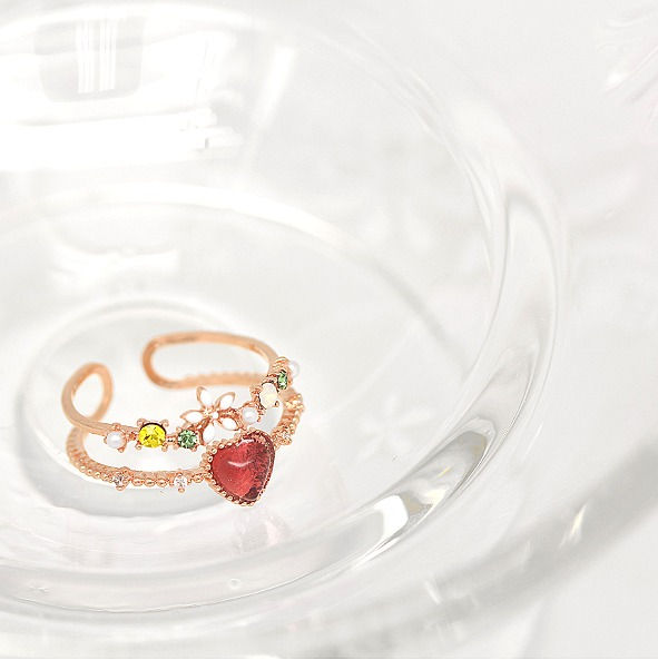 Thumbnail: Double Line Love Heart Flower Ring - MOOII