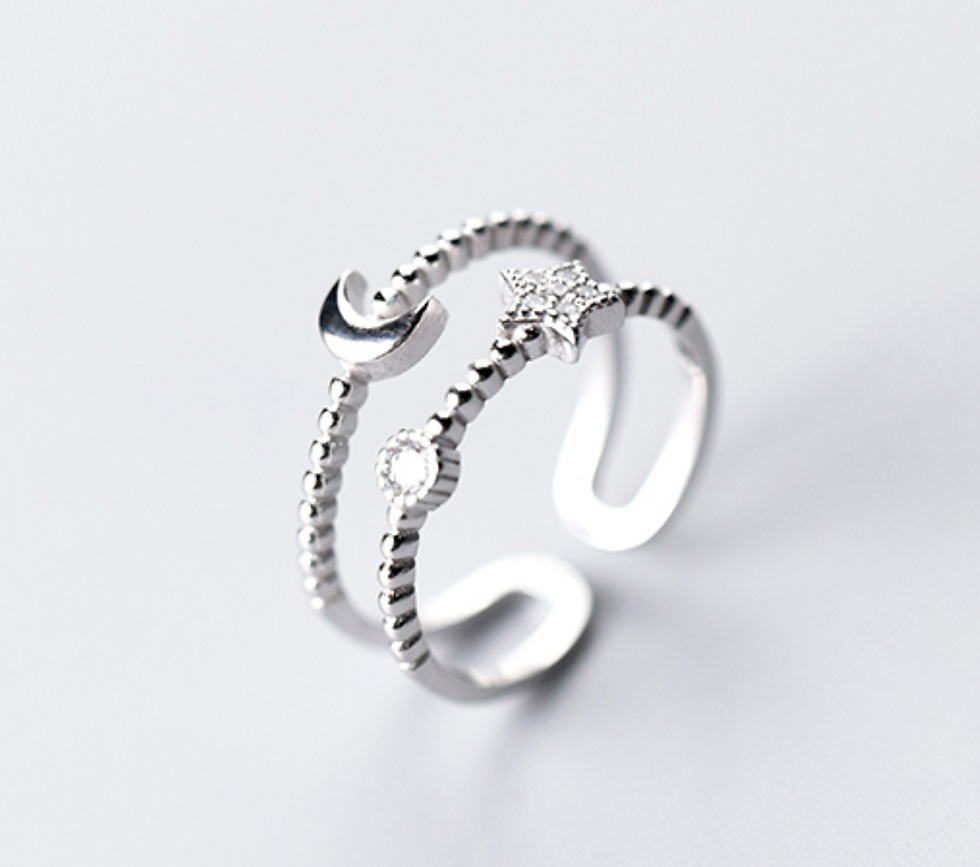 Thumbnail: Crescent Moon and Star Doubleline Ring
