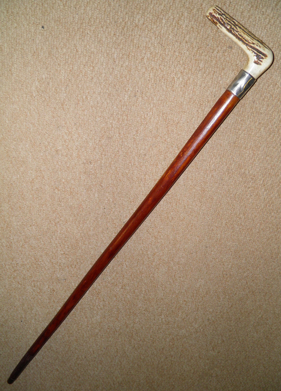 Thumbnail: Antique Malacca Walking Stick / Cane Antler Fritz Handle & Silver Collar 92cm