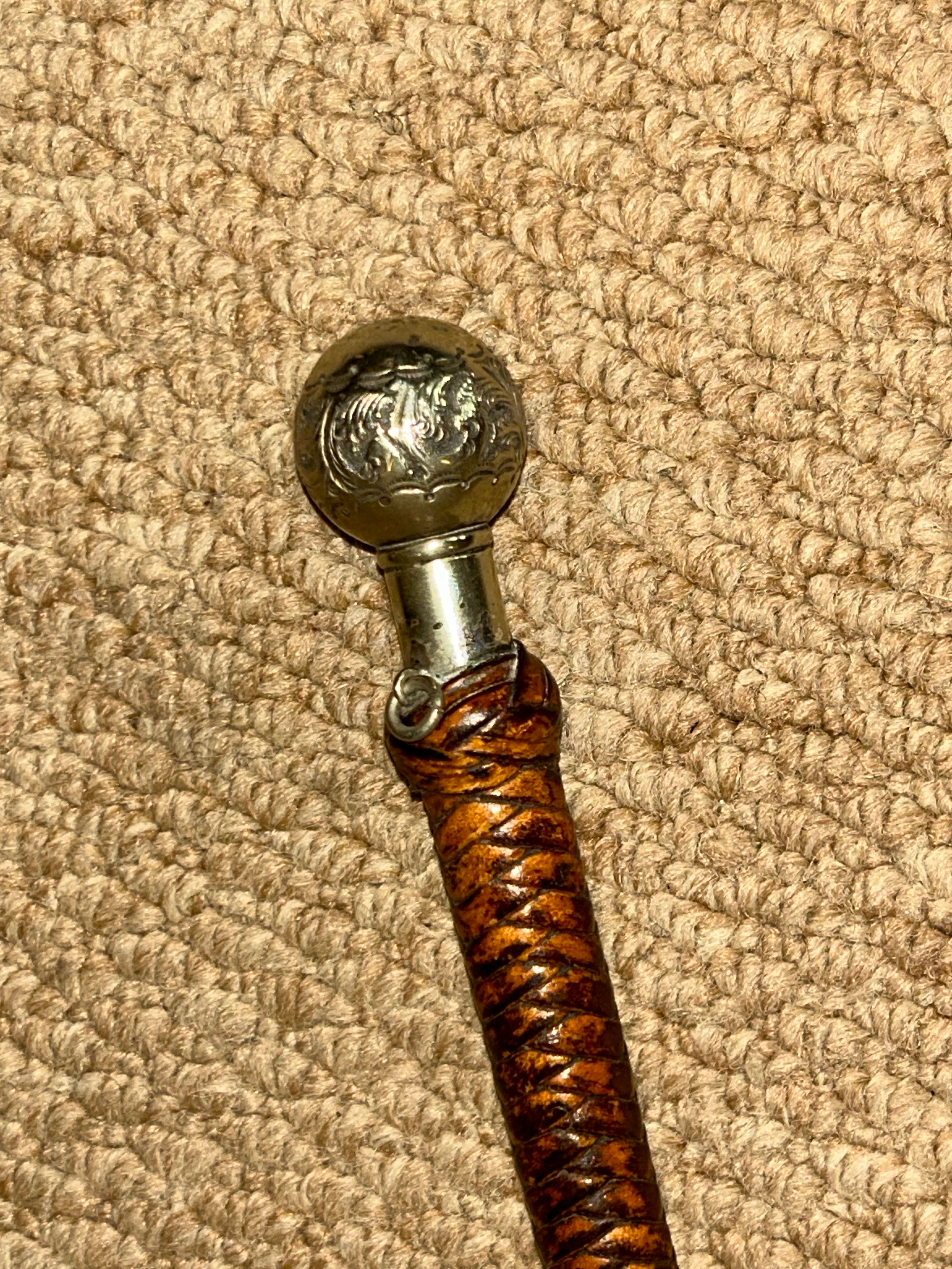 Antique Horse Riding Whip Crop - Plaited Leather & Repousse Nickel Silver Top
