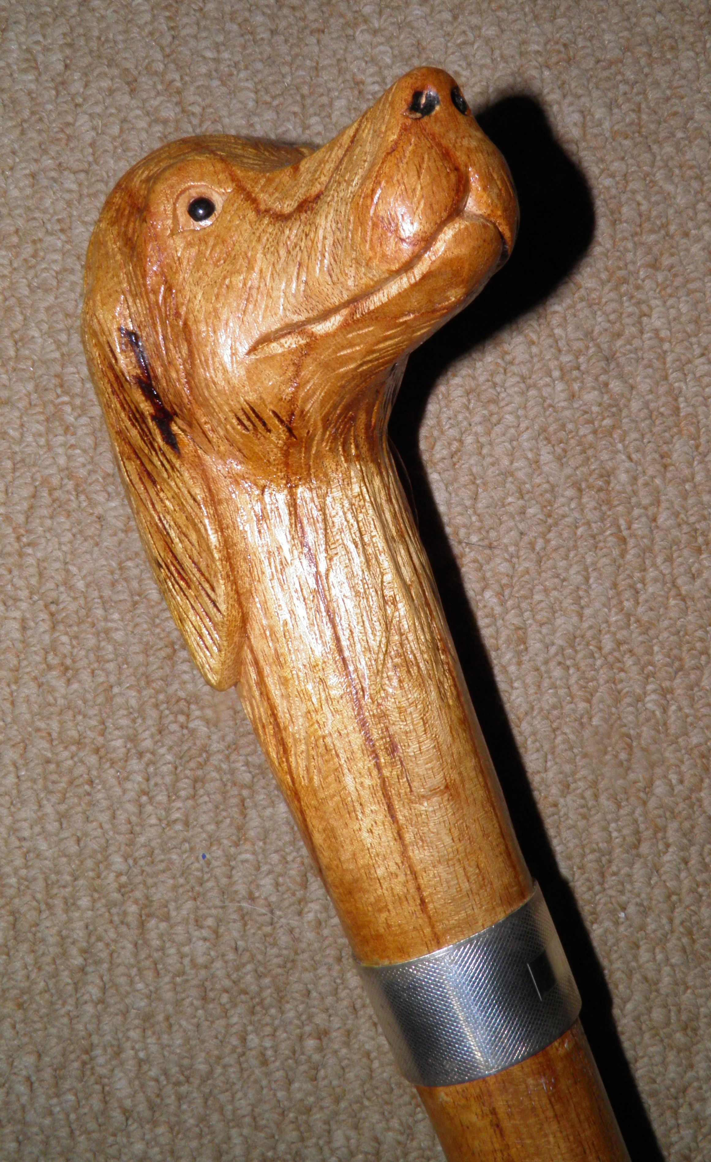 Vintage Large Maple Walking Stick Cane - Hallmarked 1941 Silver Collar Dog Head