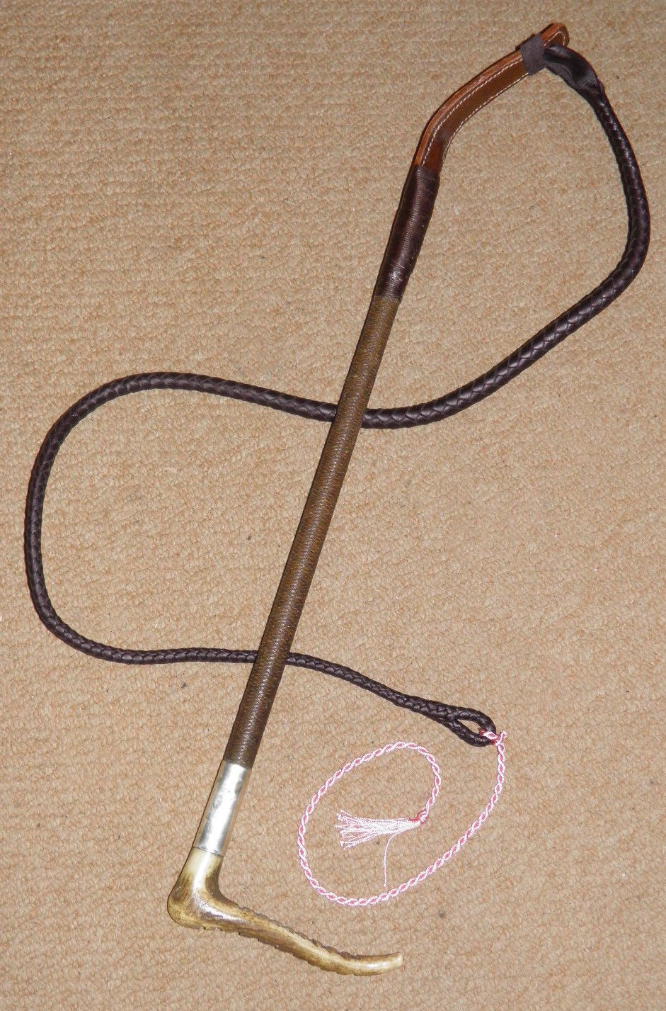 Antique Ladies English Plaited Hunting Whip Silver Collar & Leather