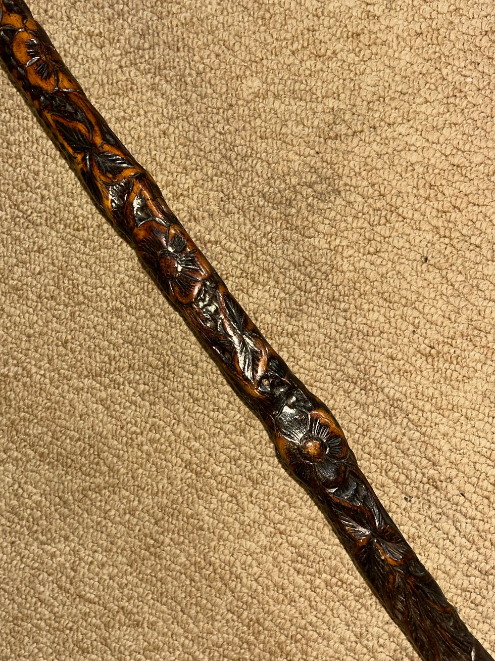 Thumbnail: Antique Rustic Walking Stick Cane - Hand-Carved Dog Head Crook & Floral Shaft