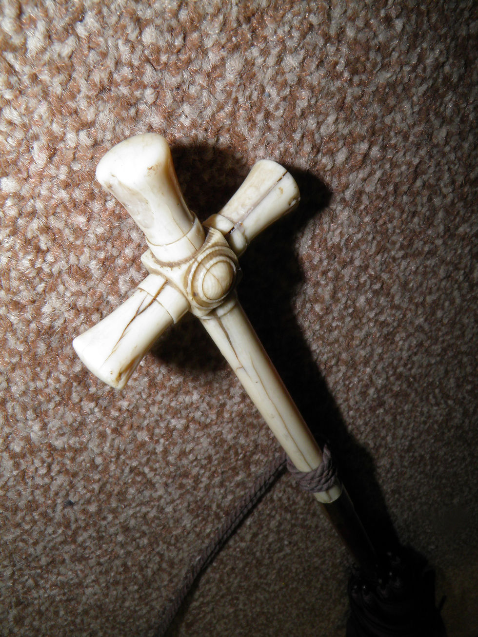 Thumbnail: Antique GP Purple Silk Canopy Umbrella With Bovine Bone Christian Cross Handle