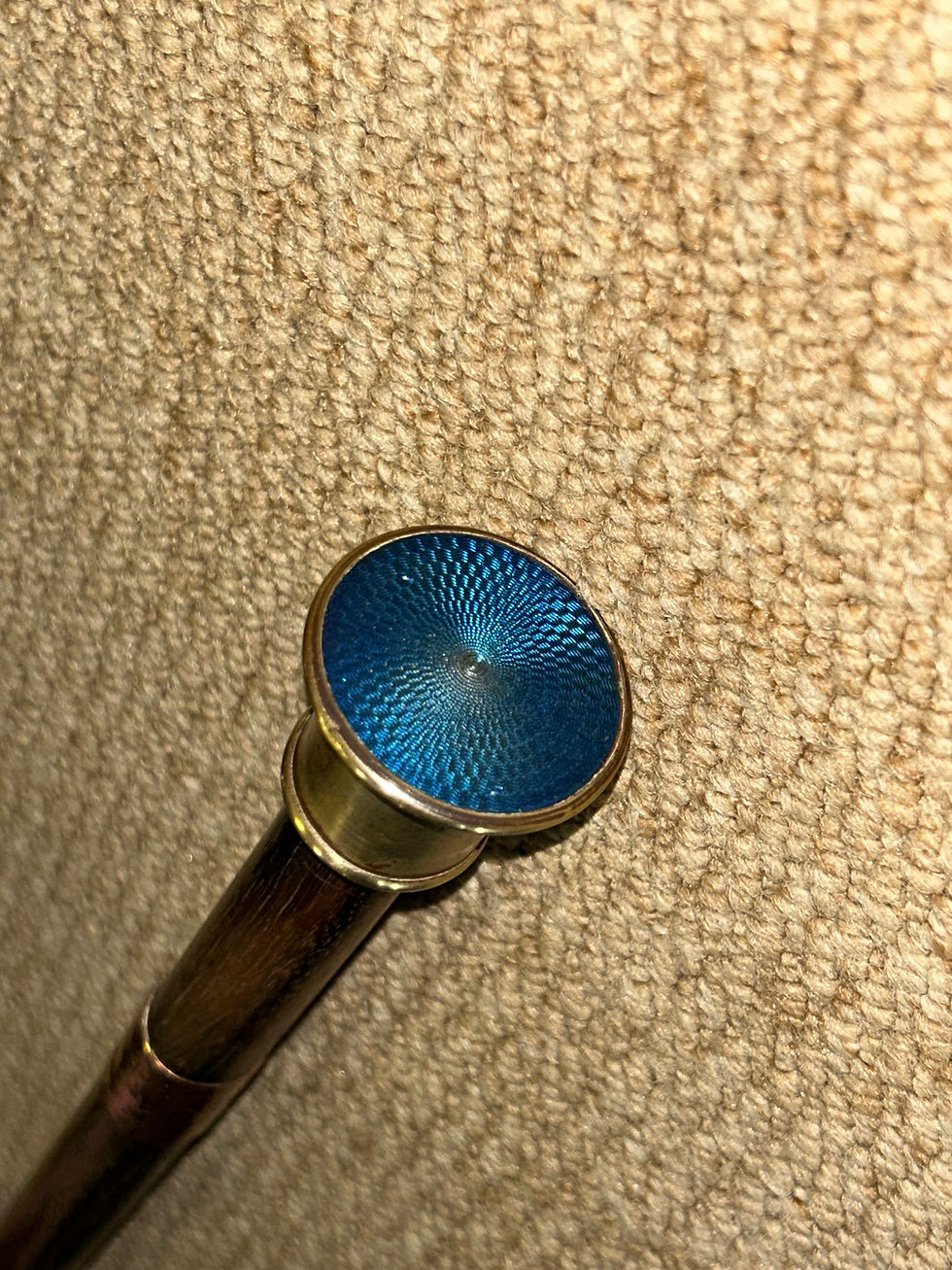 Thumbnail: Antique Salisbury Ebony Walking Stick Cane - Blue Guilloche Enamel Brass Top