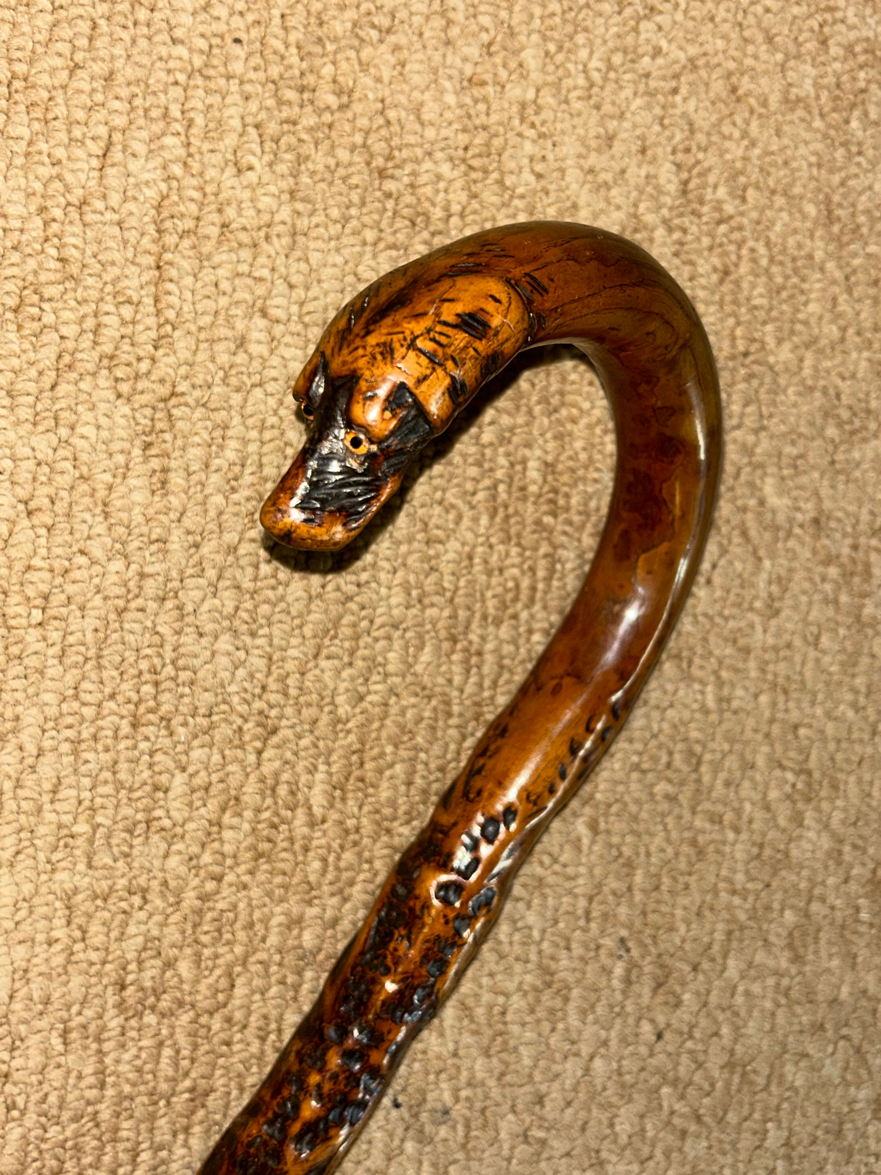 Antique Rustic Walking Stick Cane - Hand-Carved Dog Head Crook & Floral Shaft