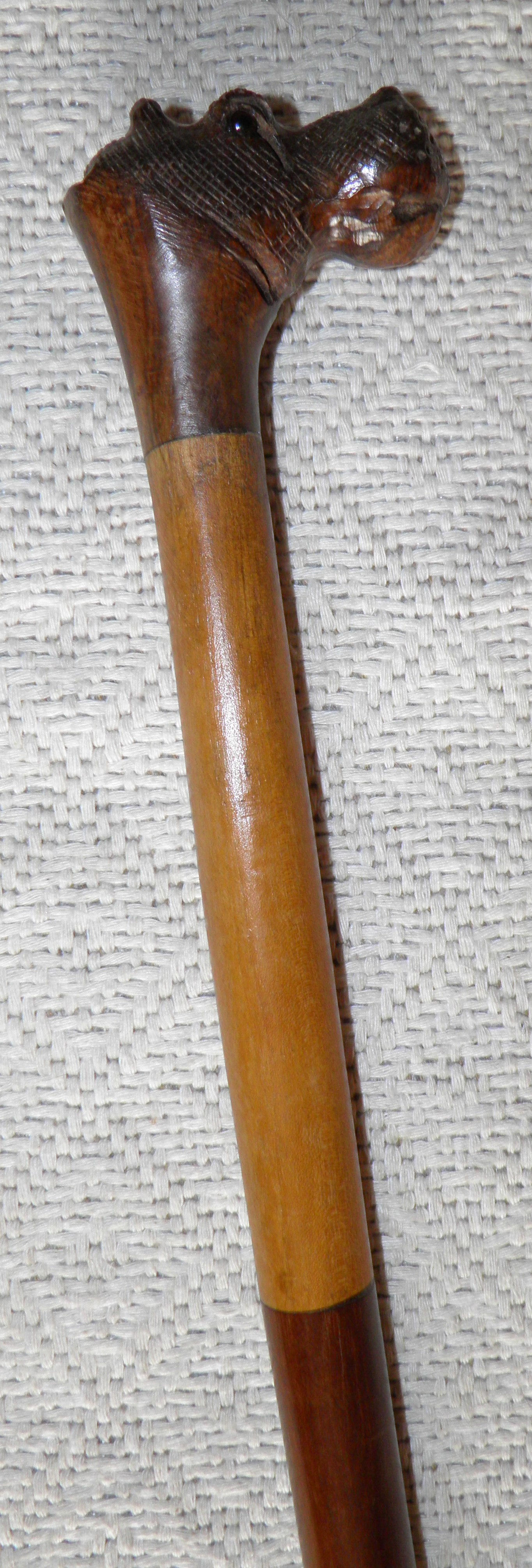 Antique Hardwood Sections Walking Stick Cane - Hand-Carved Hippo With Glass Eye