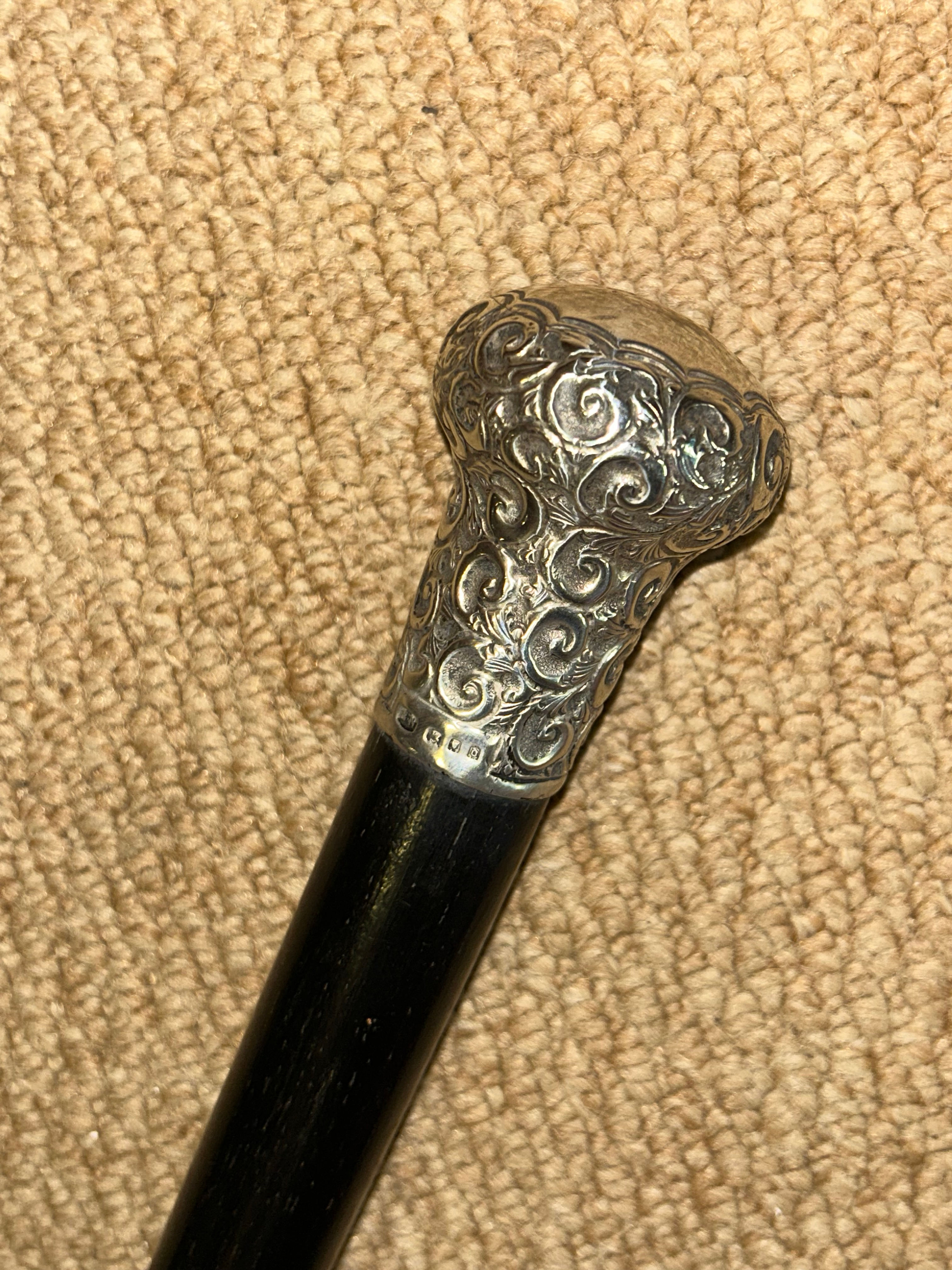 Antique Ebonised Walking Stick Cane - Hallmarked 1919 Silver Repousse Pommel Top