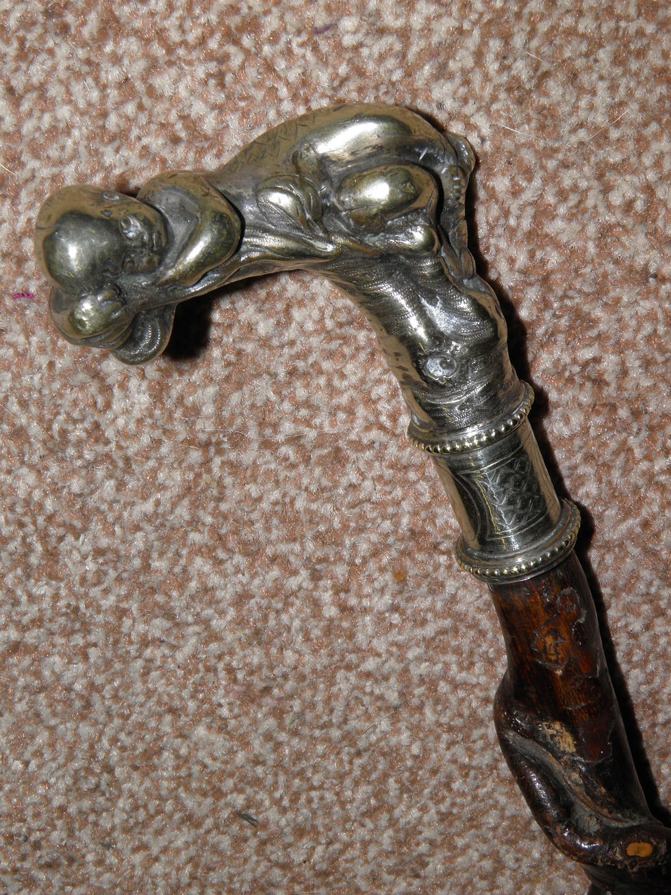Thumbnail: Antique Silver Cherub Design Vine Wood Dress/Walking Cane - Embossed With 'T.V.'