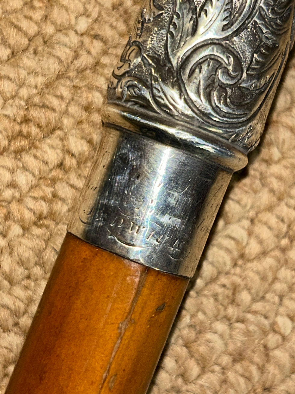 Thumbnail: Antique Malacca Walking Stick Cane - Repousse Detailed Silver Pommel Top