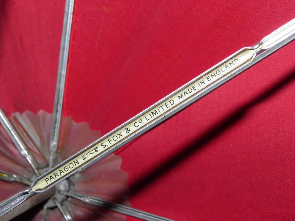 Thumbnail: Antique Ladies English Made Red Canopy Umbrella With Wangy Bamboo Crook Handle