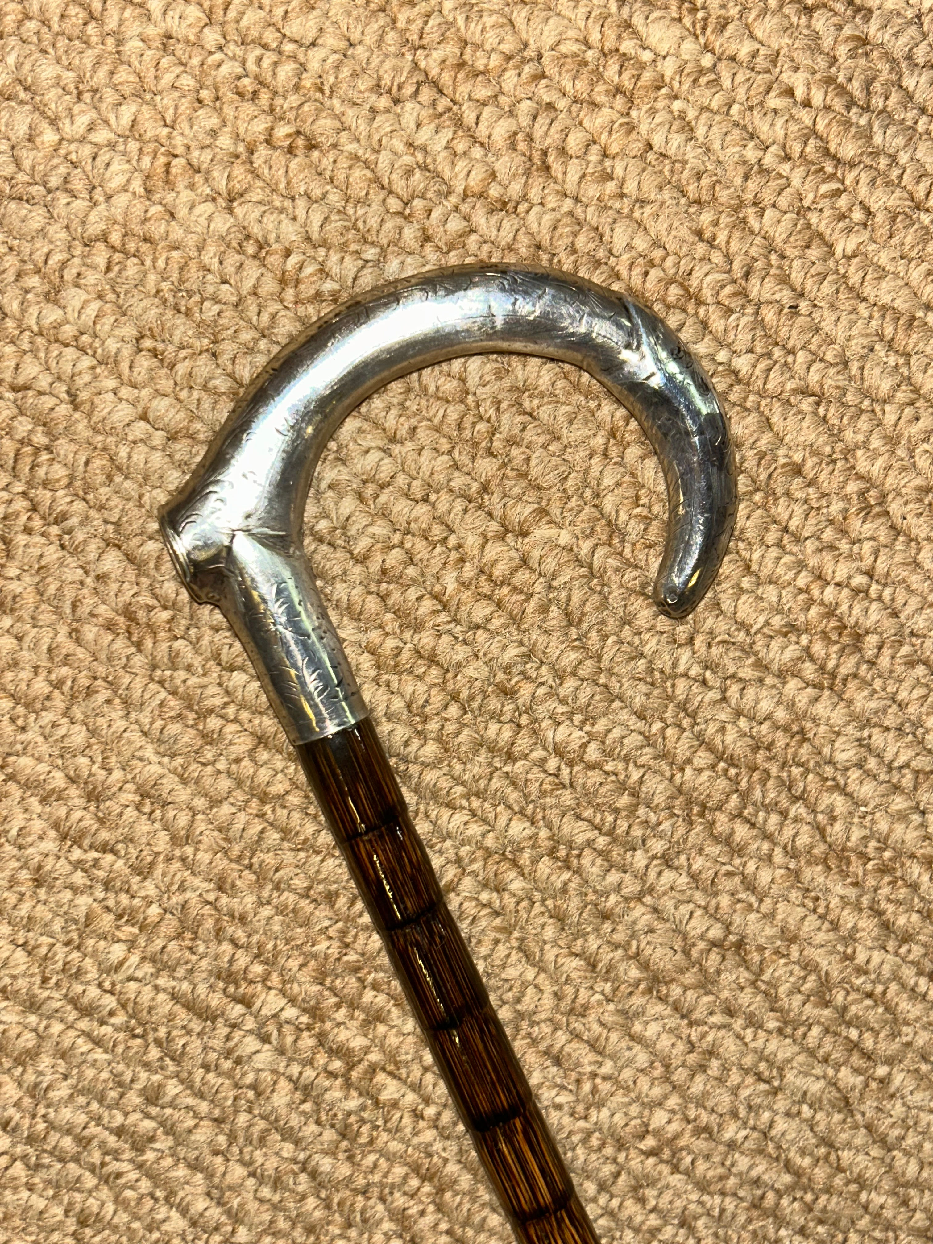 Antique Petite Walking Stick Cane - Hallmarked 1912 Silver Crook Handle