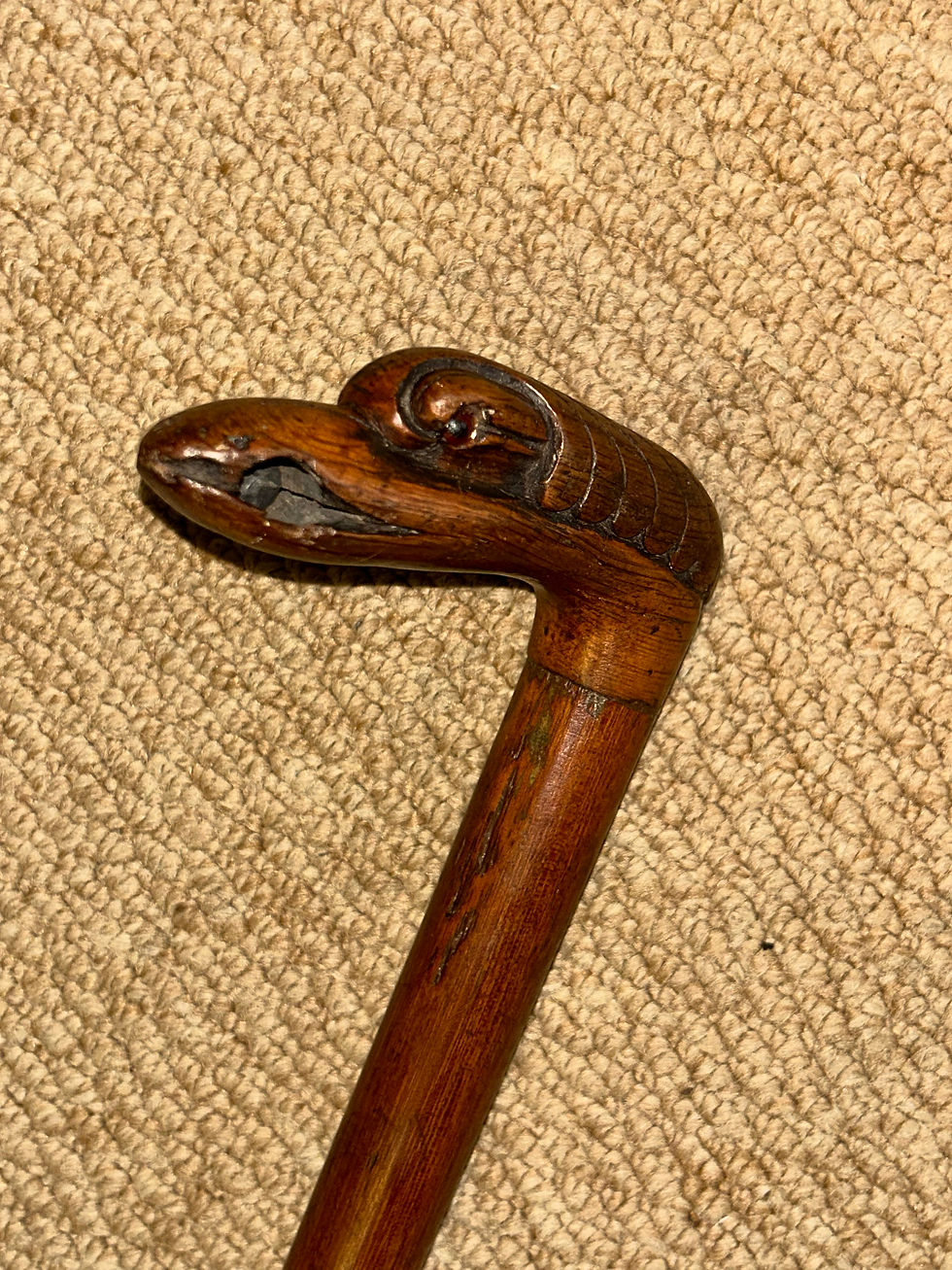 Thumbnail: Antique Walking Stick Cane - Hand-Carved Bird Head Top & Ball Rattle Beak