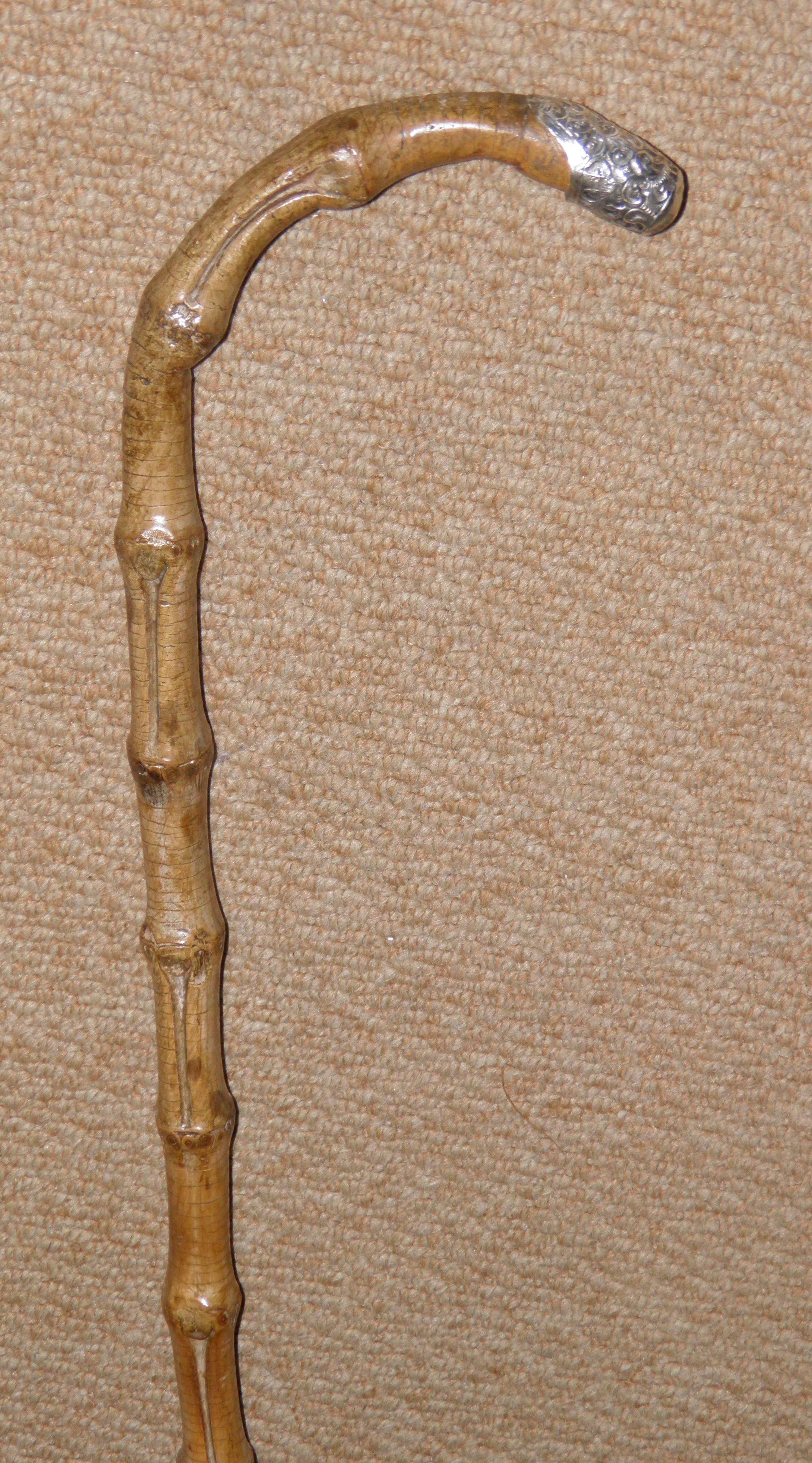 Antique Bamboo Walking Stick / Cane Crook Decorative Silver Repousse Handle End