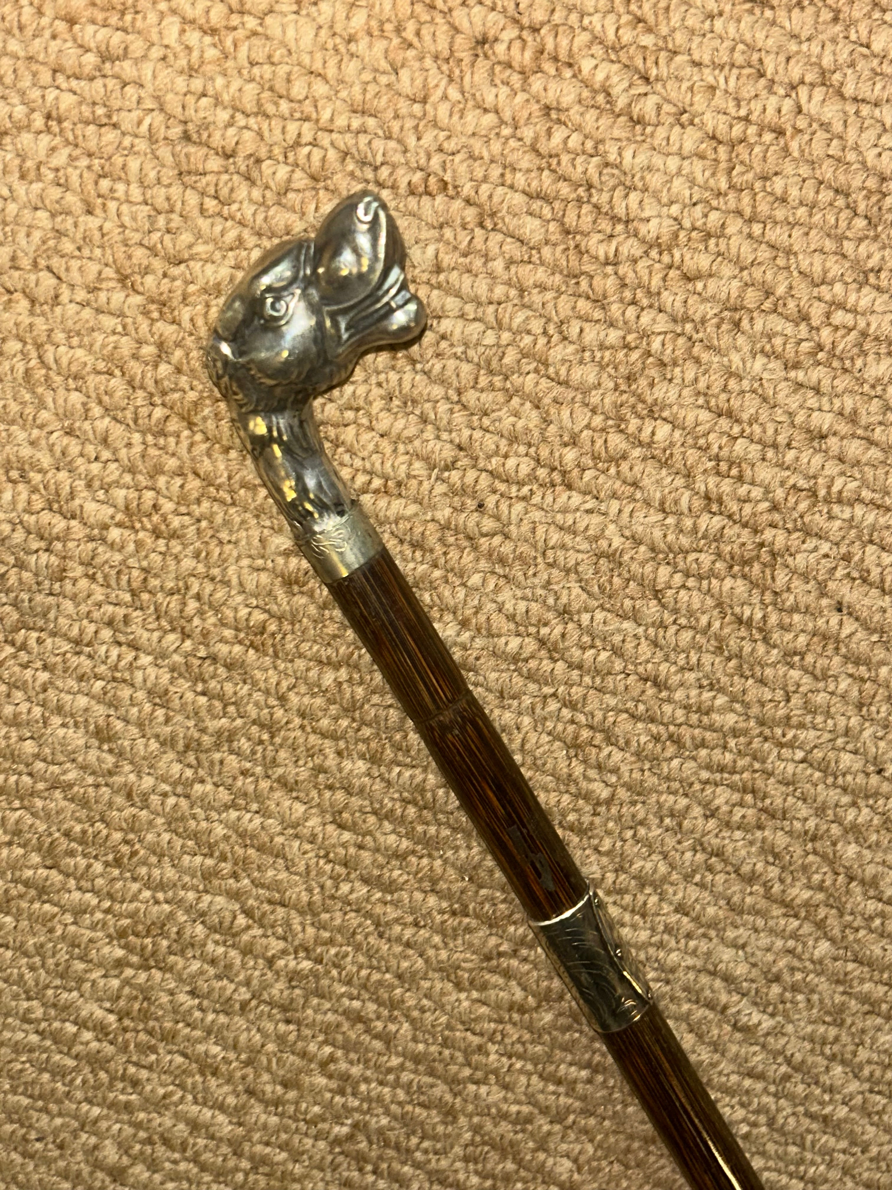 Antique Partridge Wood Walking Dress Cane - Cast Silver Hound Top & Collar