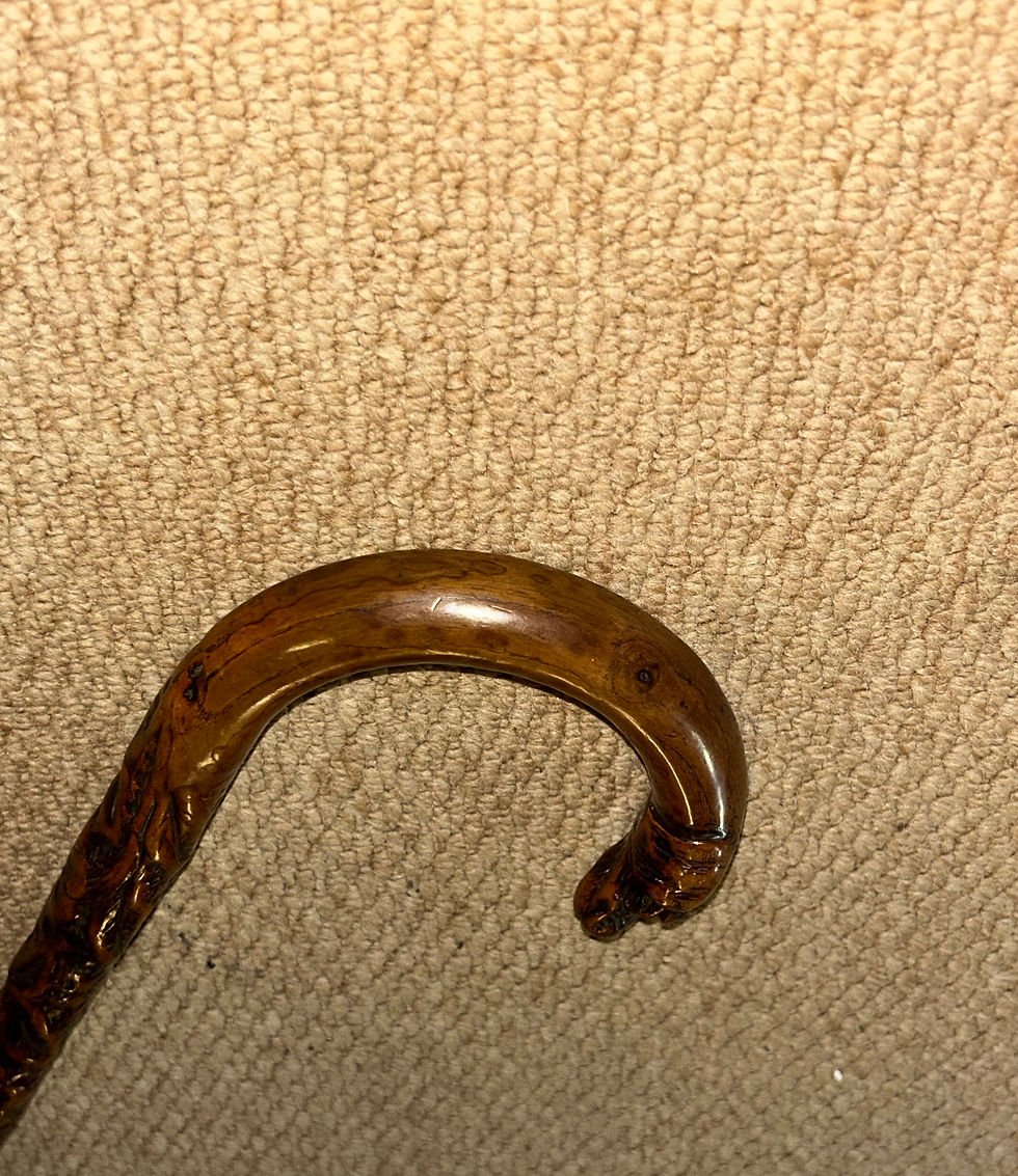 Thumbnail: Antique Rustic Walking Stick Cane - Hand-Carved Dog Head Crook & Floral Shaft