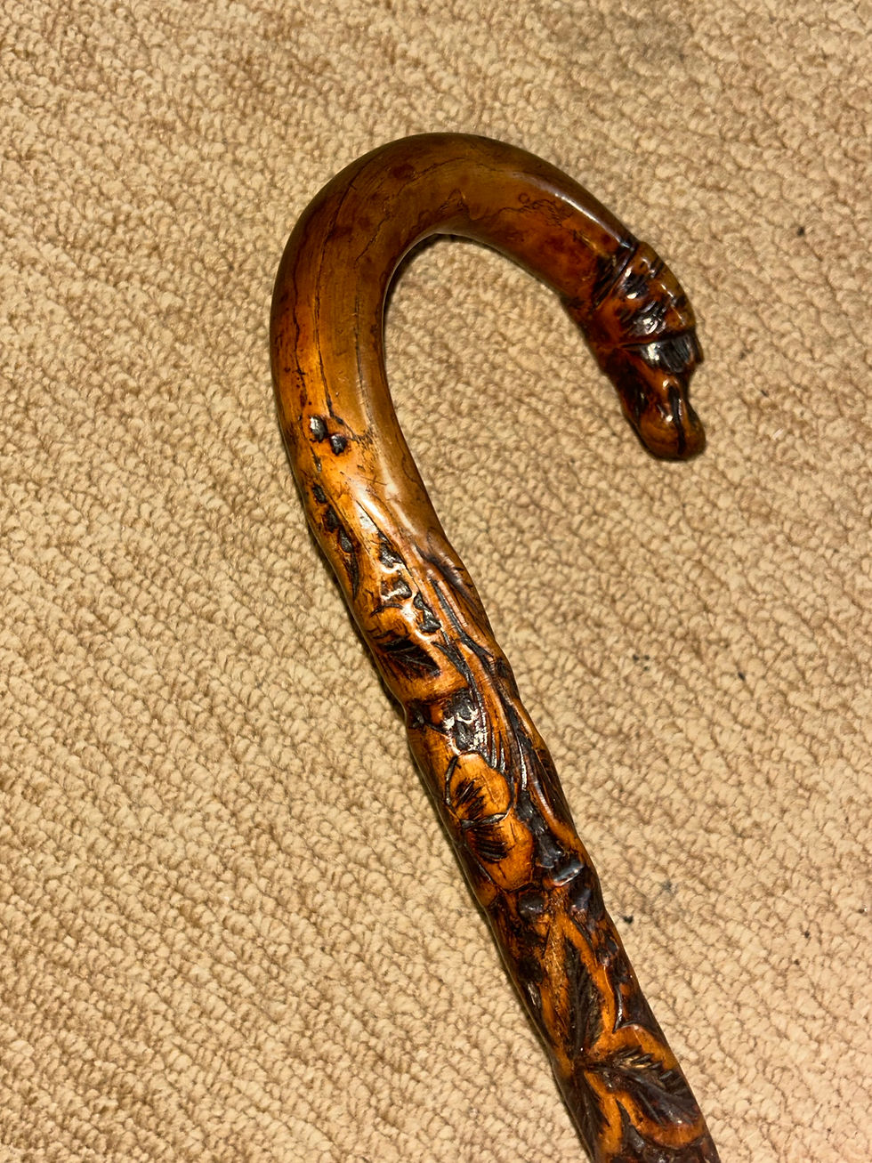 Thumbnail: Antique Rustic Walking Stick Cane - Hand-Carved Dog Head Crook & Floral Shaft