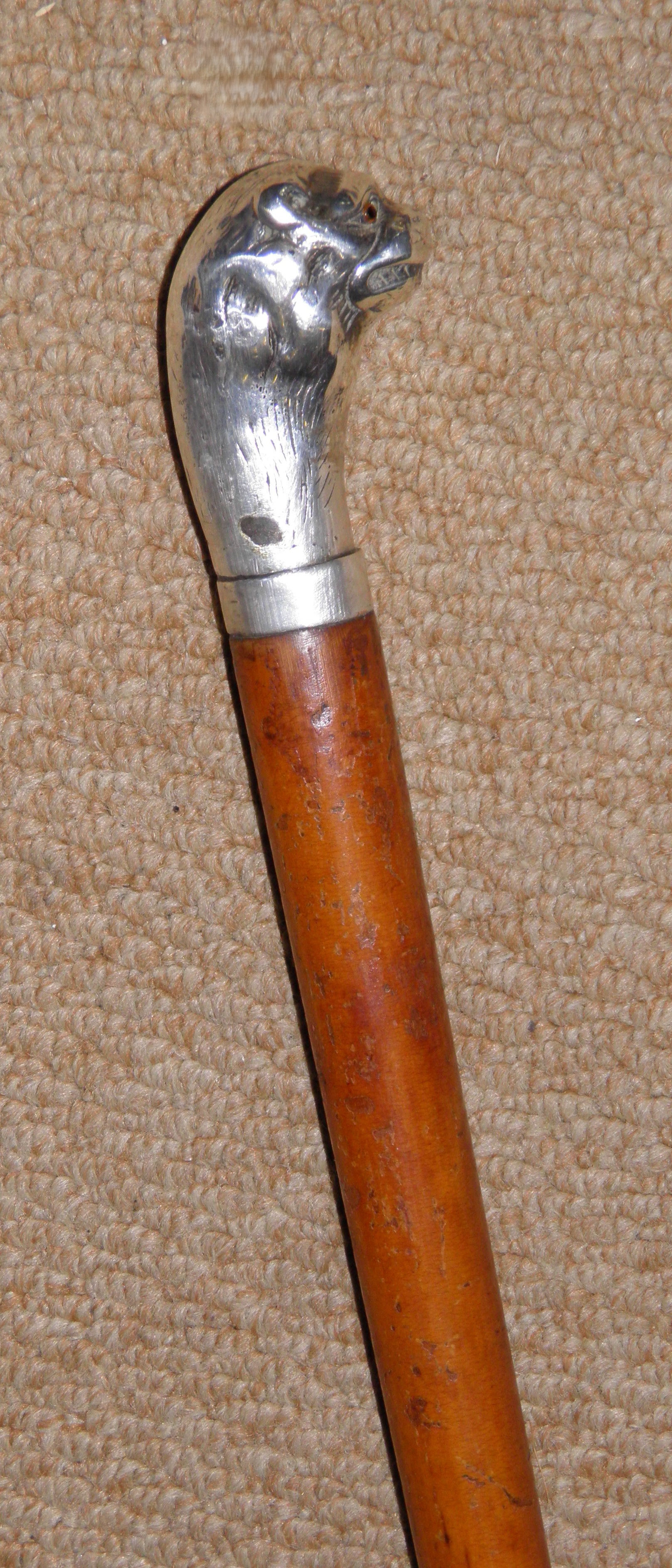 Antique Malacca Walking Stick / Cane - Silver Lions Head With Glass Eyes Top