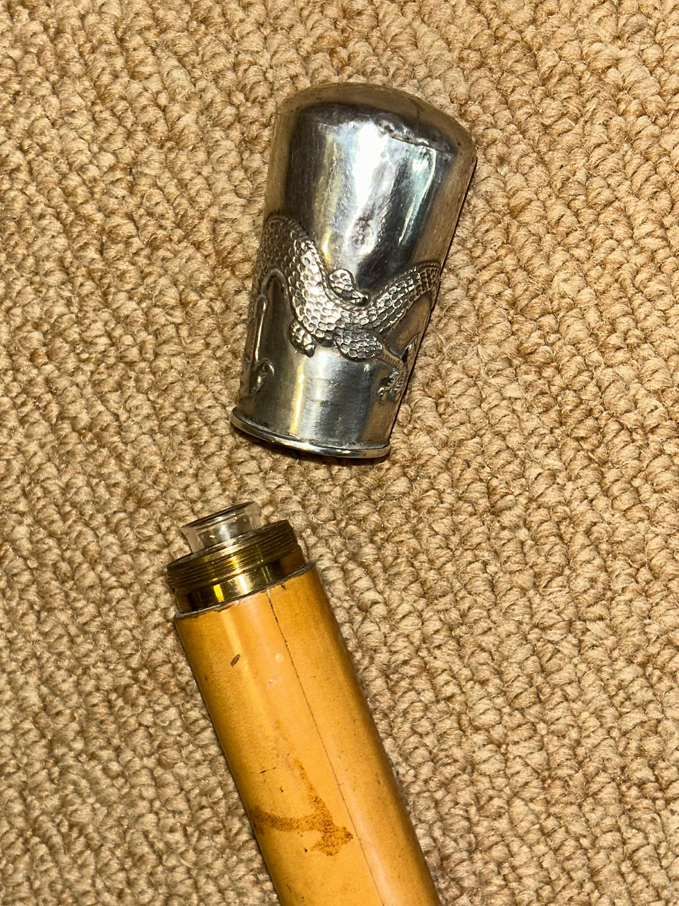 Thumbnail: Antique Gadget Tippling Walking Stick Concealed Flask Chinese Silver Dragon Top