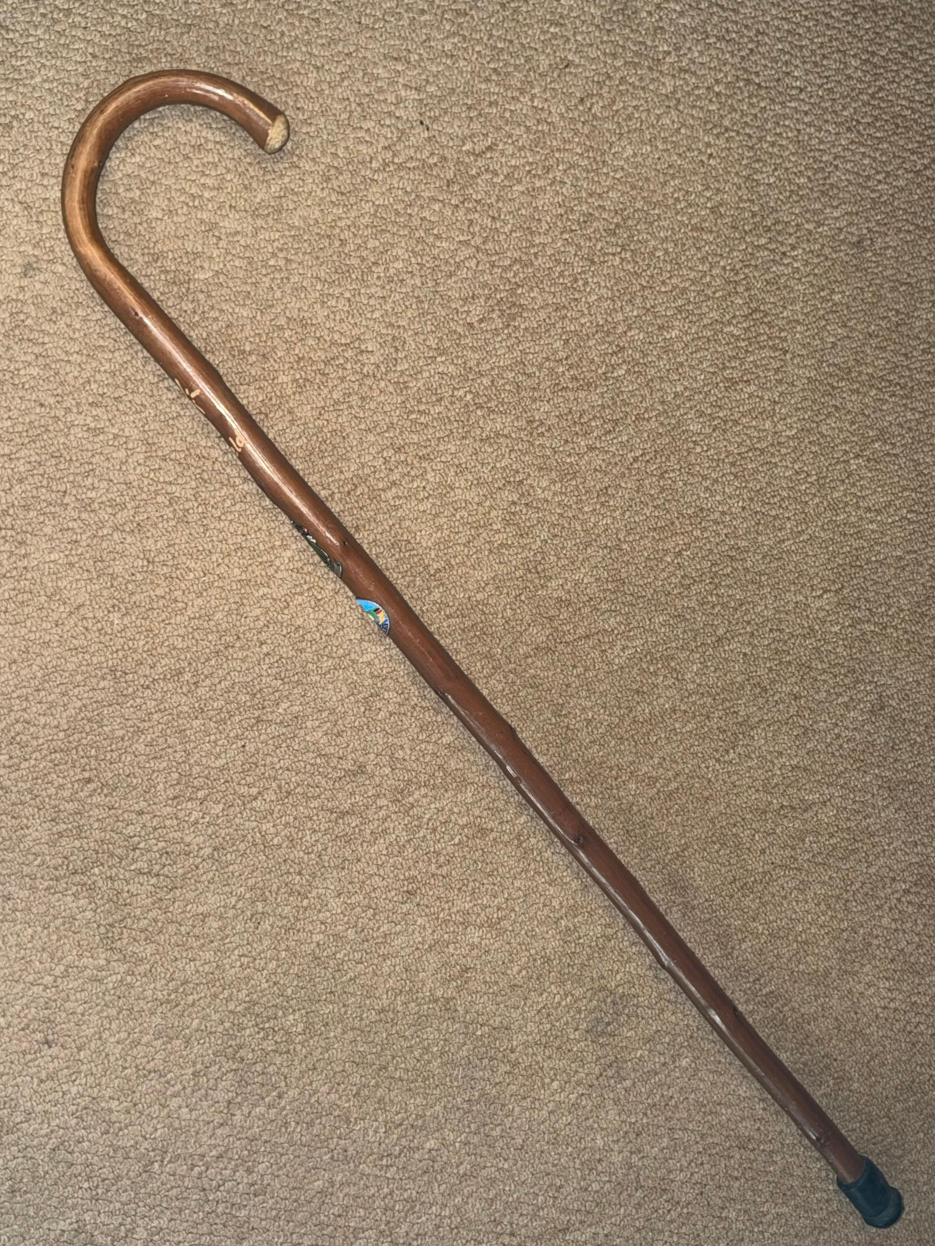Vintage Seefeld Austrian Rustic Walking Stick Cane Crook Handle & Hiking Badges