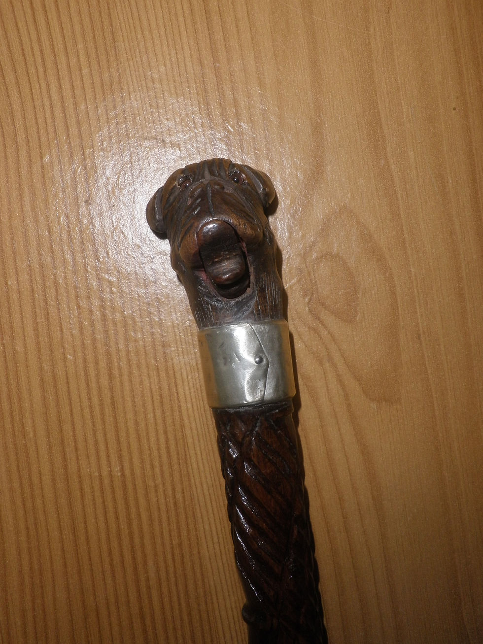 Thumbnail: Antique HM 1872 Silver Dress Cane - With Dogs Head Silk Glove Holder Top - 85cm