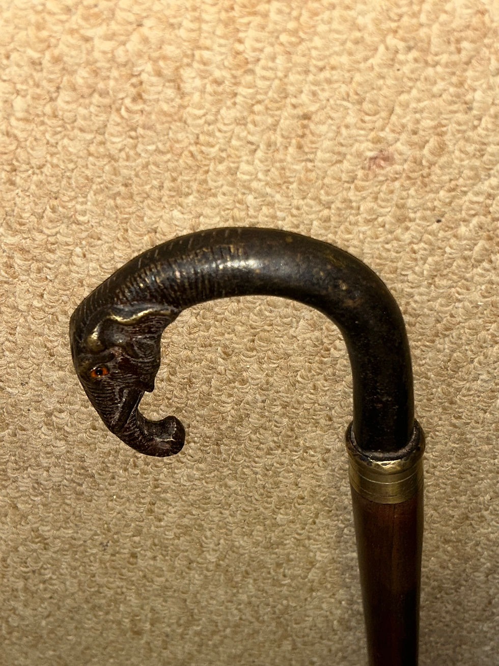 Thumbnail: Vintage Walking Stick / Cane - Cast Bronze Elephant Crook Handle With Glass Eyes