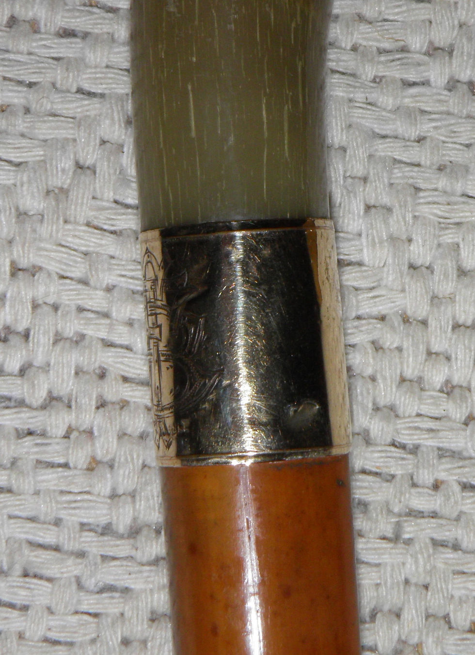 Thumbnail: Antique Malacca Walking Stick / Cane Double Gold Collar Bovine Horn Crook Handle