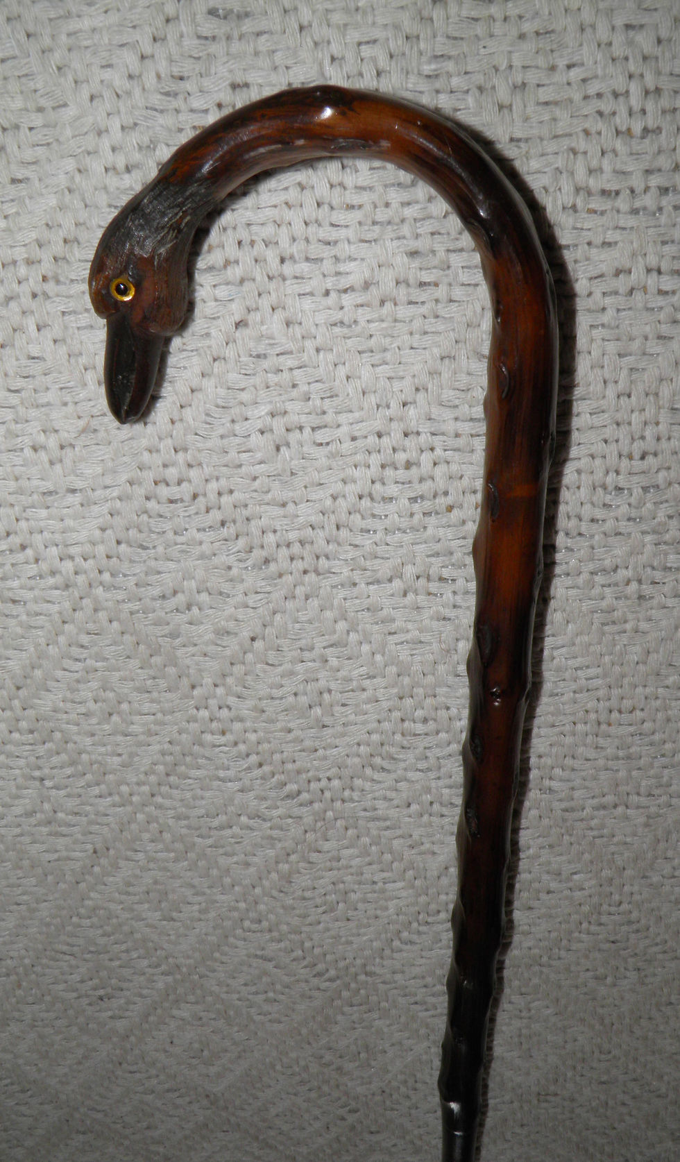 Thumbnail: Antique Bramble Walking Stick / Cane - Hand-Carved Bird Crane Glass Eyes Crook