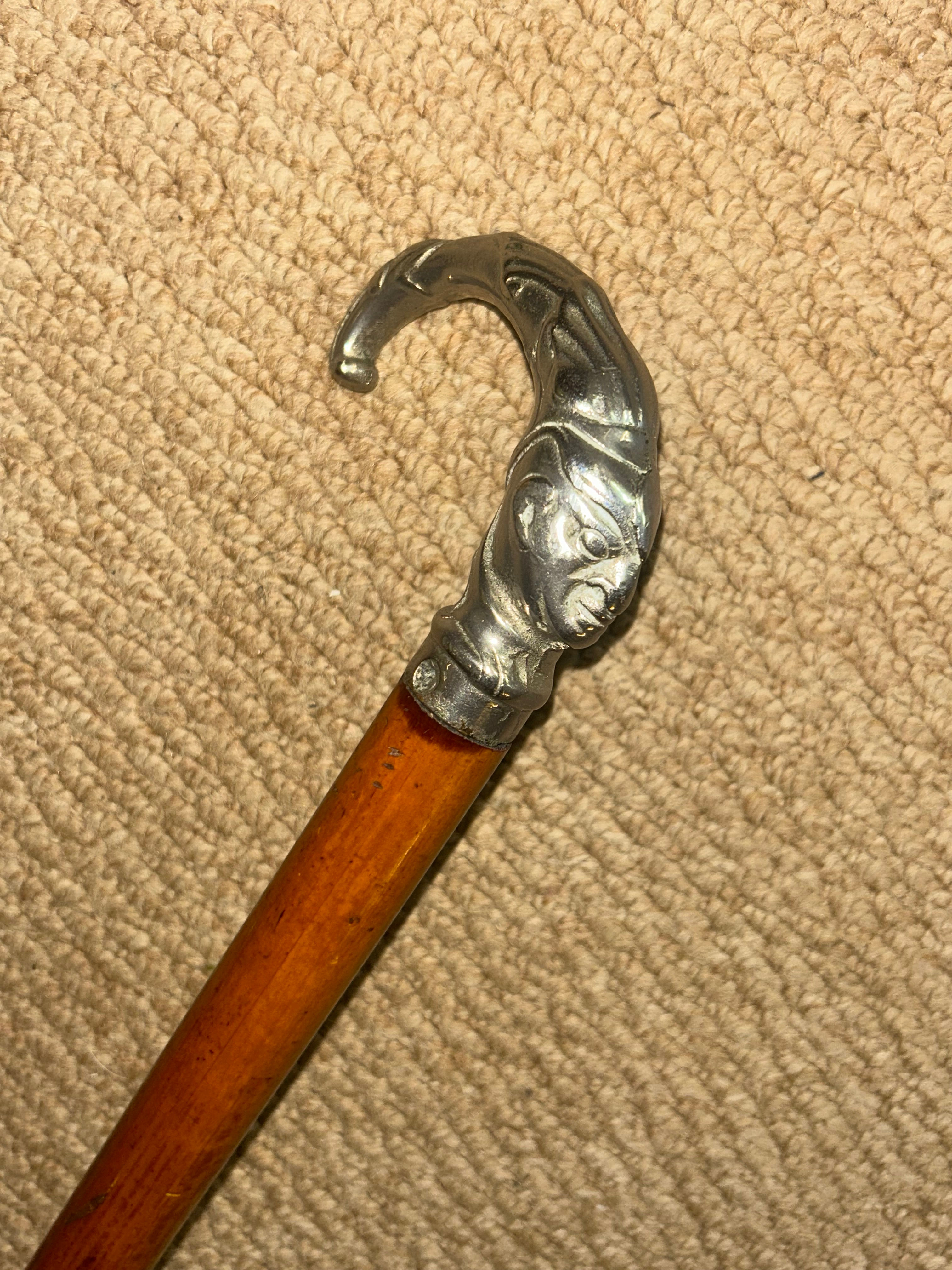 Antique Malacca Walking Stick - Intricate White Metal Jester Joker Crook Handle
