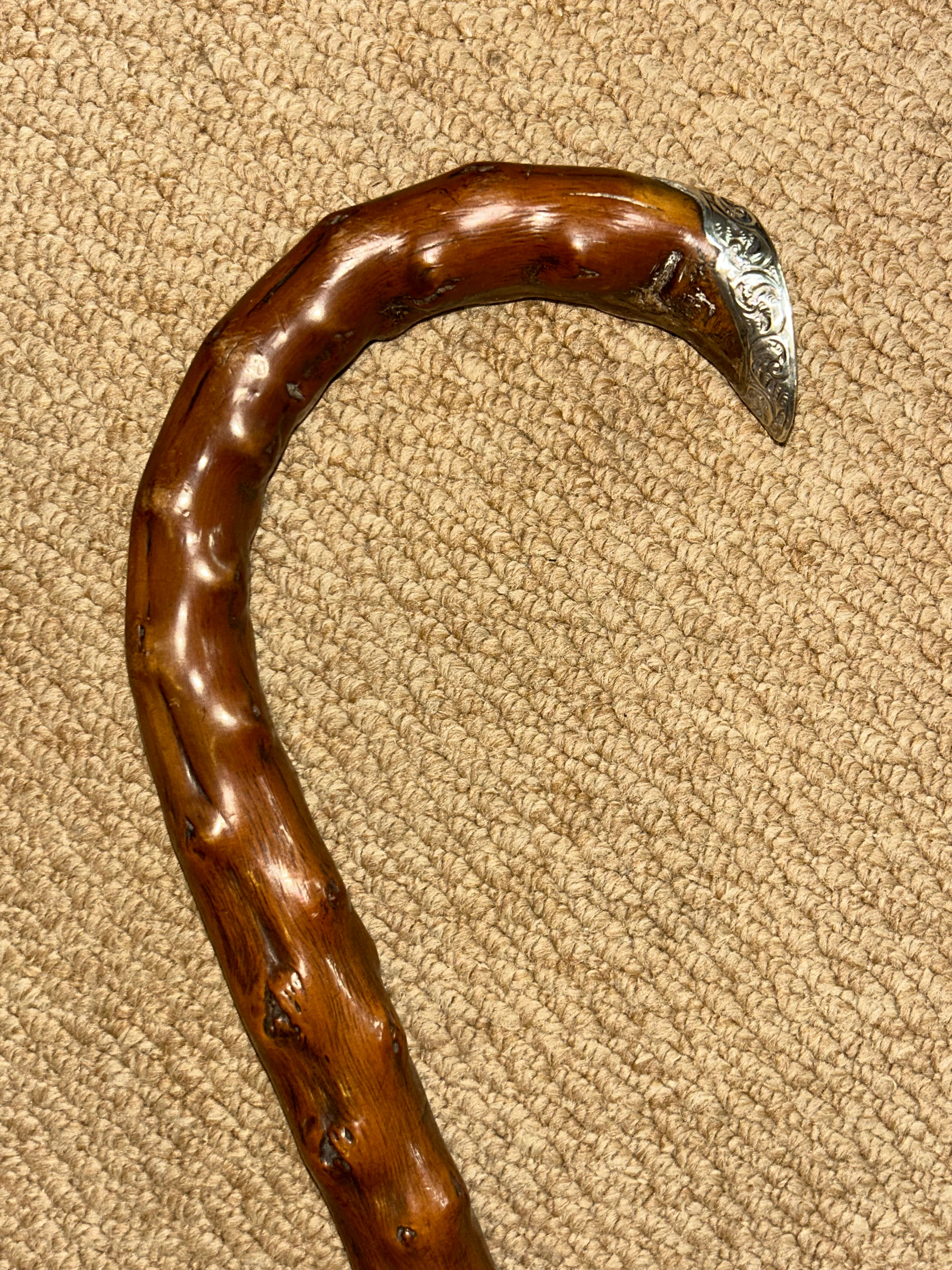Antique Large Bramble Walking Stick Crook Handle & Hallmarked 1894 Silver Crown