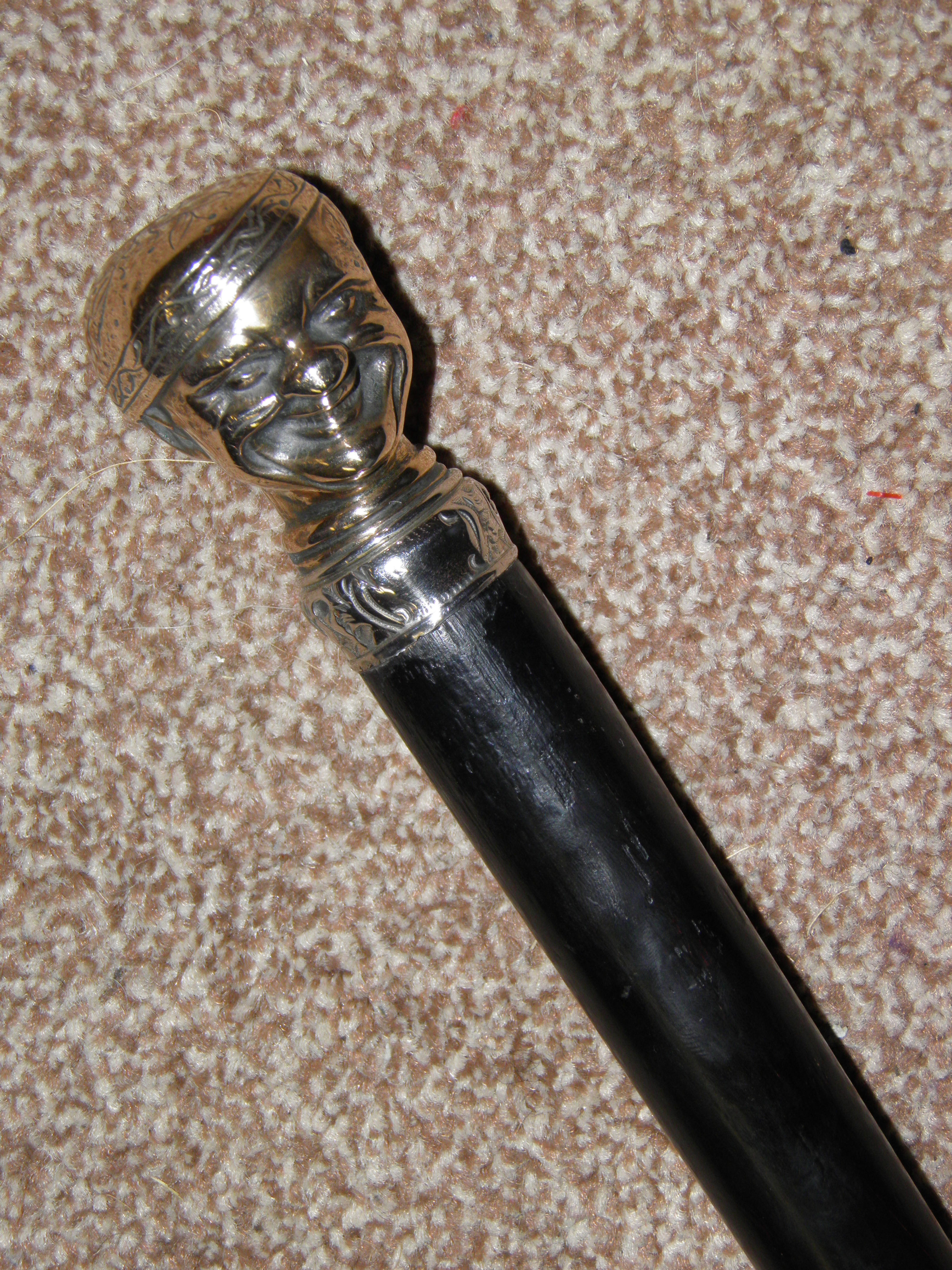 Vintage Solid Brass Monk's Head Topped Silver Ebonsied Walking Stick - 88cm