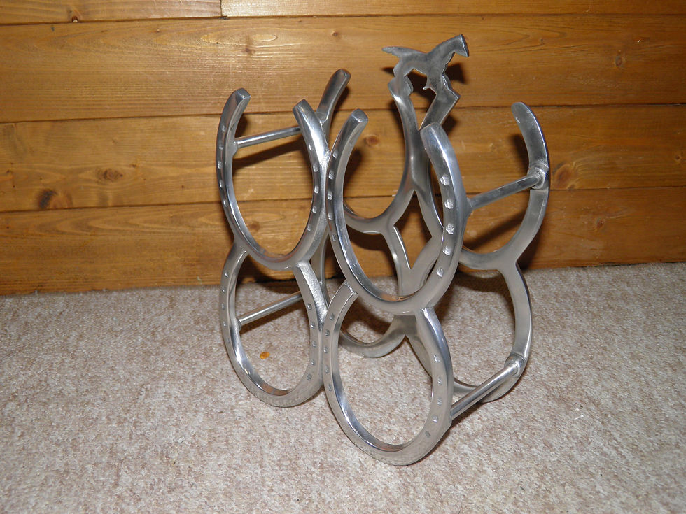Thumbnail: Vintage Silver Plated Four Horse Shoe Wine Bottle Rack With Horse Motif
