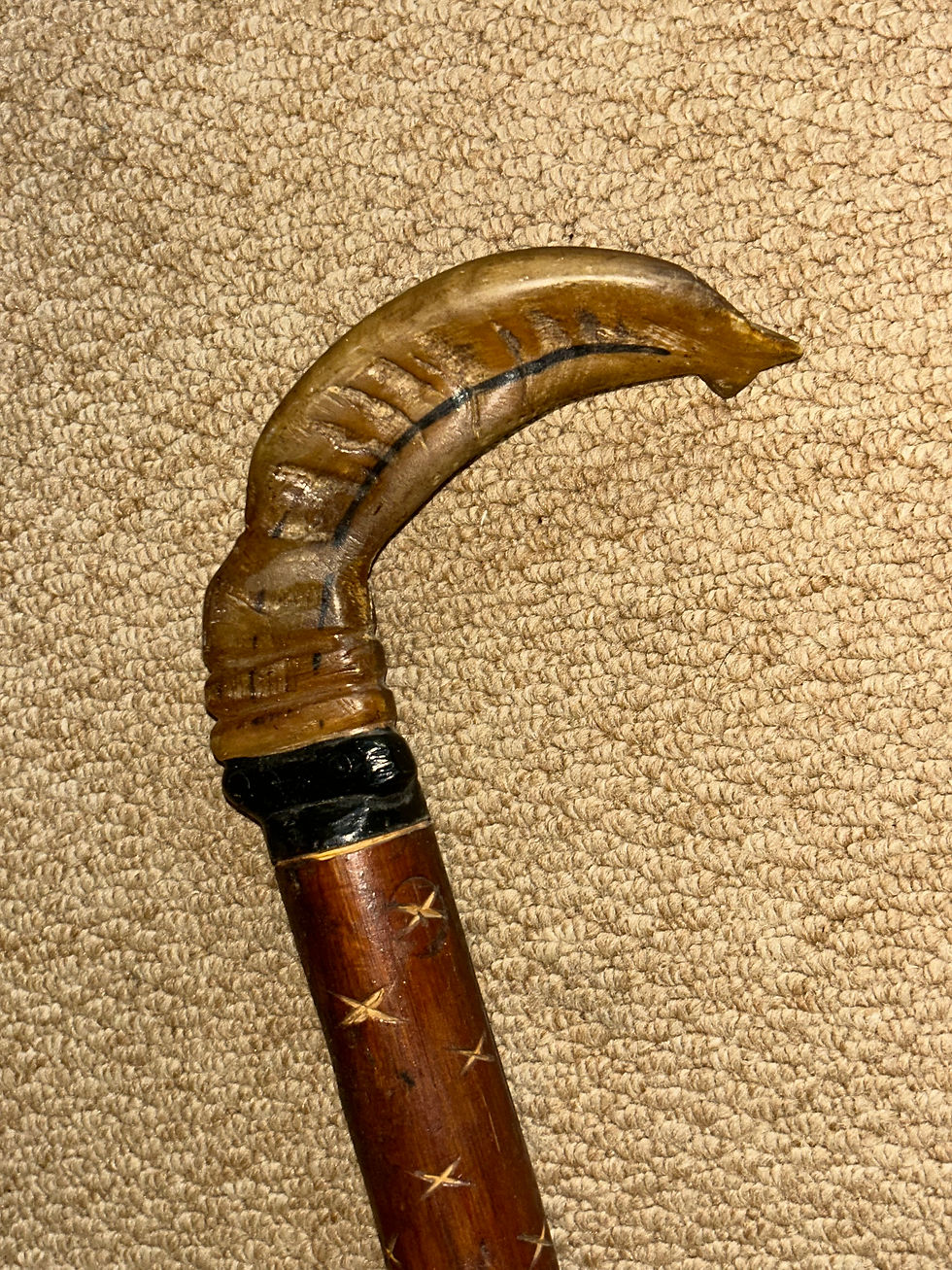 Thumbnail: Vintage Rustic Walking Stick Cane - Hand-Carved Bovine Horn Fish Crook Handle