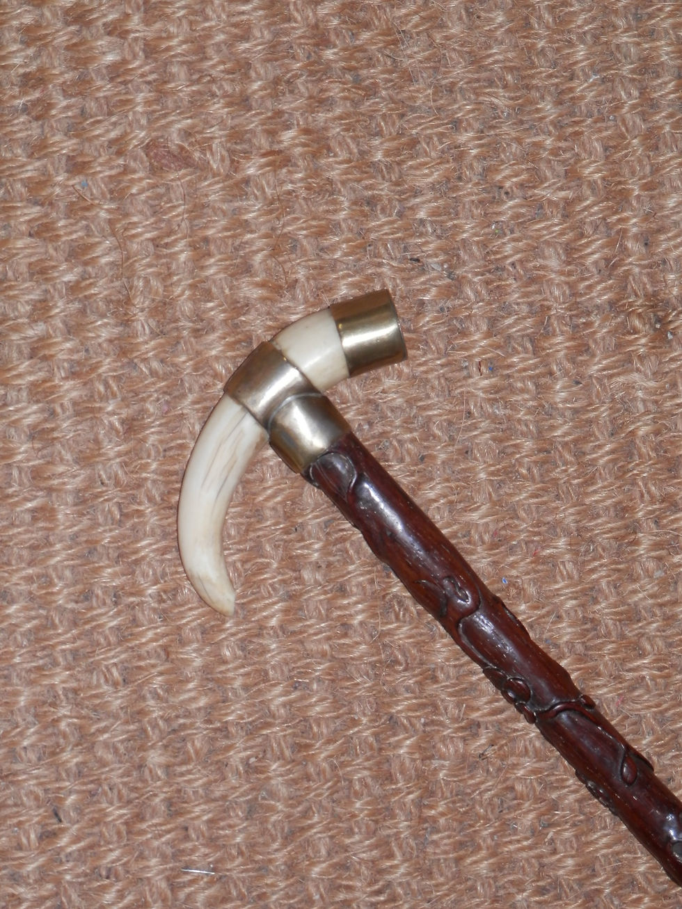 Thumbnail: Antique Walrus Tooth Handle Hand Carved Oriental Floral Walking Stick