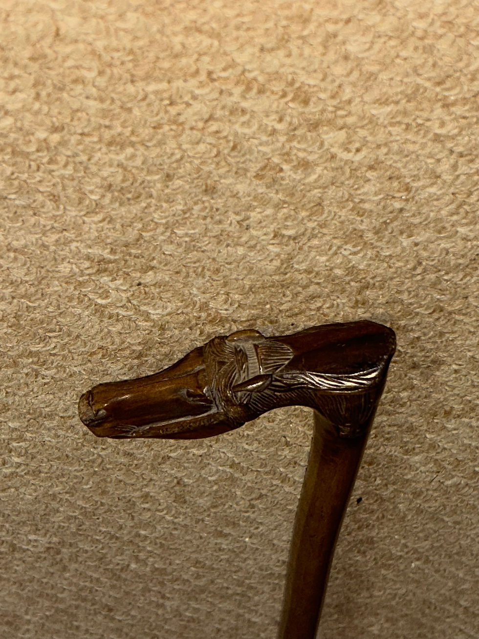 Thumbnail: Antique Olive Wood Greek Kepkypa Corfu Walking Stick - Hand-Carved Horse Handle
