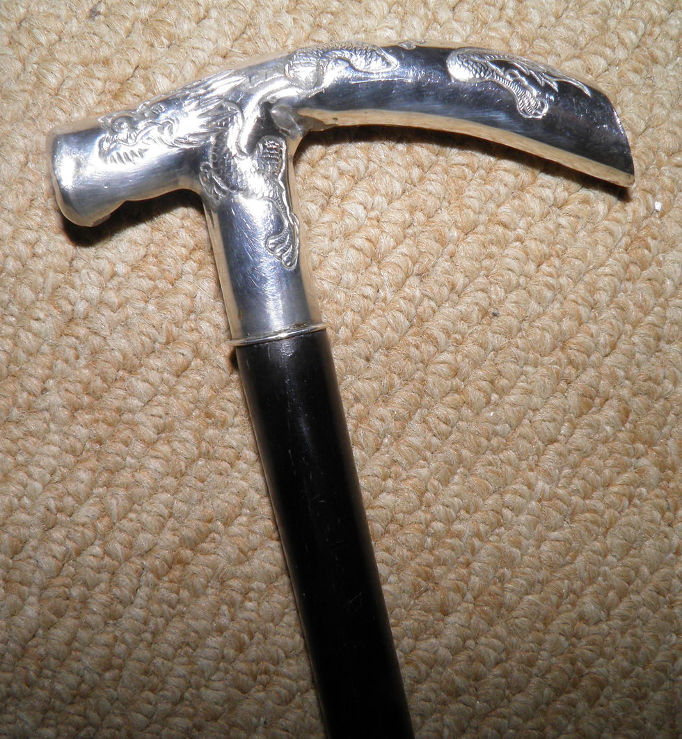 Antique Walking Stick / Cane - Hallmarked Hong Kong Silver Fritz Chinese Dragons